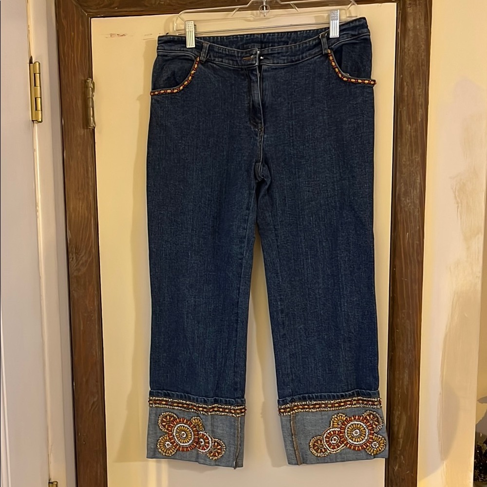 Cache Blue Flare Wide Leg Jeans with Decorative Cuffs